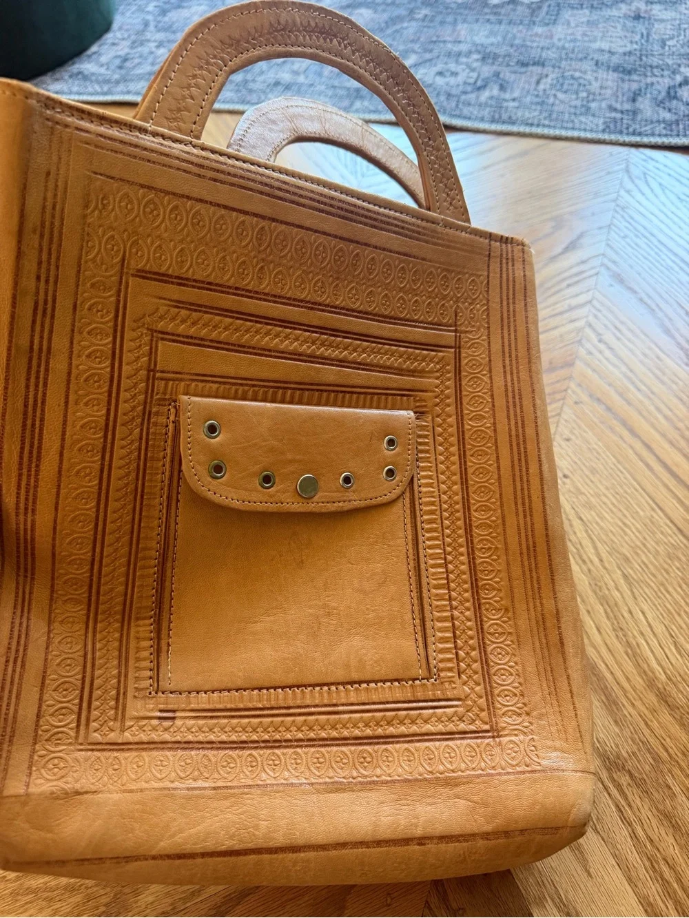 Vintage Embossed Genuine Leather Tote Bag Tan Boho Artisan